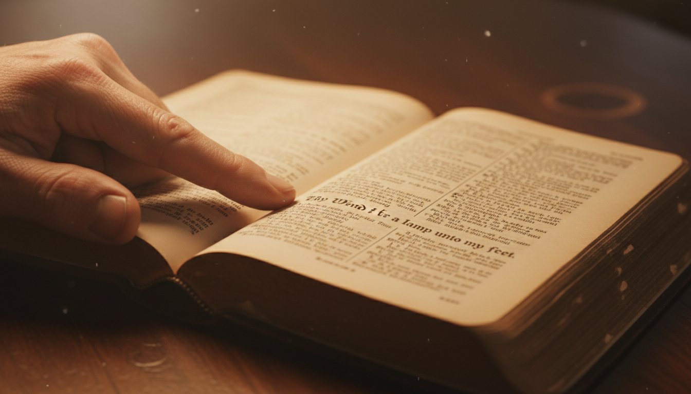 Hand pointing to Bible scripture - Thy Word is a lamp unto my feet